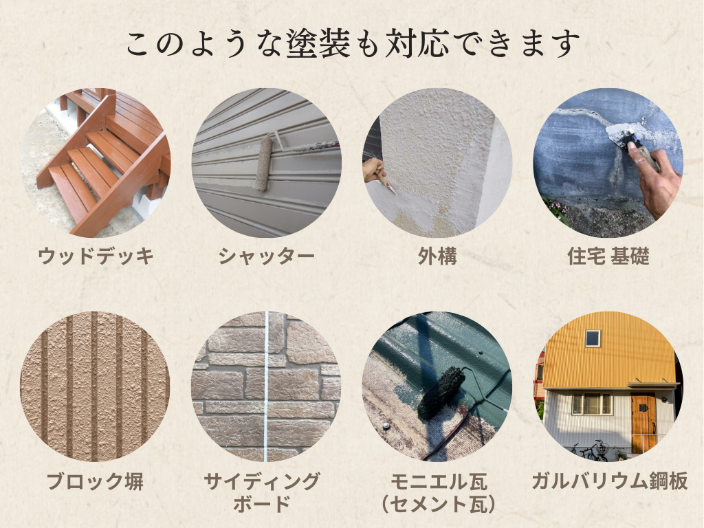 マツダ建装では、外壁塗装だけでなく、ウッドデッキやシャッター、外構、住宅基礎、ブロック塀、サイディングボード、モニエル瓦（セメント瓦）、ガルバリウム鋼板の塗装、ストレート屋根にも対応。幅広い塗装工事に対応できる専門店として、お住まい全体の美観と耐久性向上をサポートします。